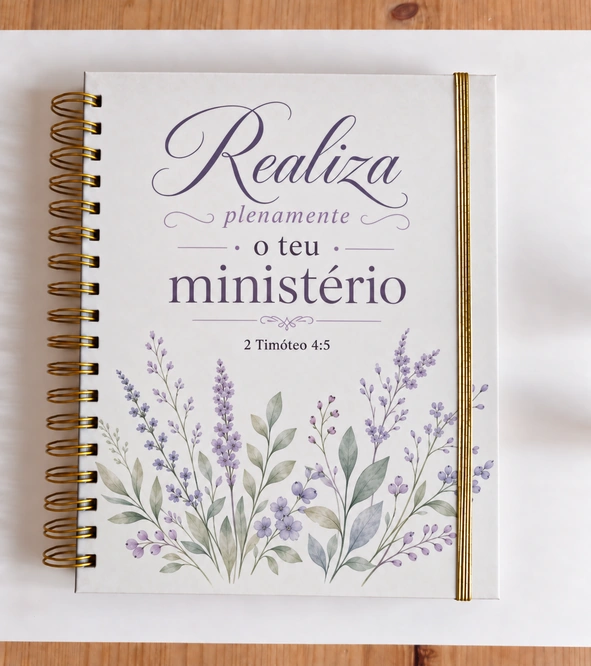 Realiza plenamente o teu ministério · Flores roxas · Fita dourada, A4
