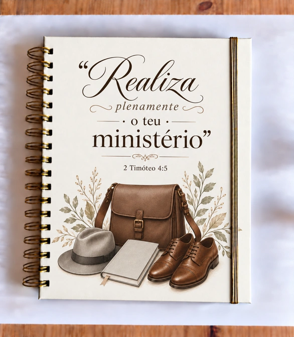 Realiza plenamente o teu ministério · Mala e sapatos castanhos · Fita dourada, A4