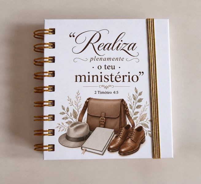 Realiza plenamente o teu ministério · Mala e sapatos castanhos · Fita dourada, A6